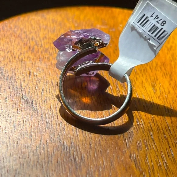 Raw Amethyst Crystal Wrap Ring on Stainless Steel Setting Adjustable One Size - Picture 9 of 9